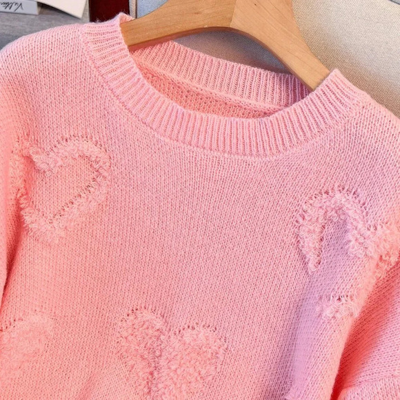 Pink Casual Women's Plus Size Solid Heart Pattern Knitted Sweater - Picture 8 of 8